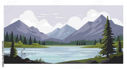 a serene lake surrounded by majestic mountains and lush green trees