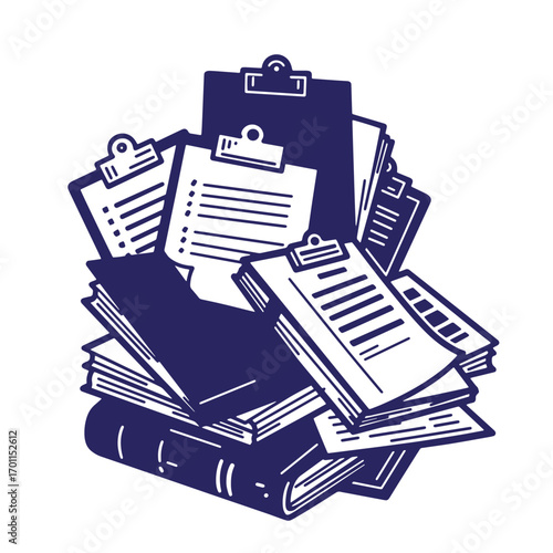 Pile of documents in dark blue tone with clipboard and paper icon illustration
