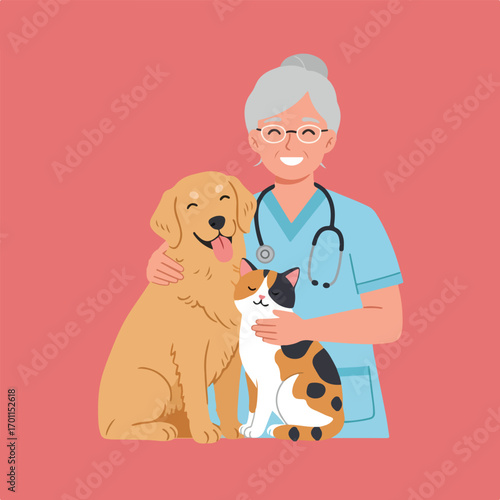 An illustration of an elderly female veterinarian in blue scrubs, embracing a happy golden retriever dog and a calico cat.