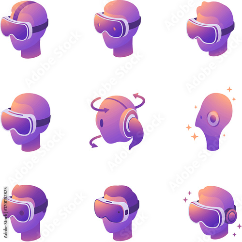 Isometric Head with VR Headset Purple Gradient Futuristic Technology.
