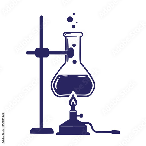 Scientific illustration of a laboratory flask with boiling liquid and a bunsen burner