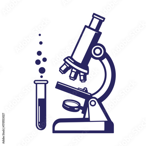 Scientific laboratory illustration featuring a microscope and a test tube with bubbles in vector format