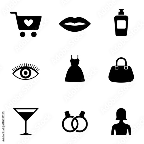 Collection of black and white icons representing feminine interests
