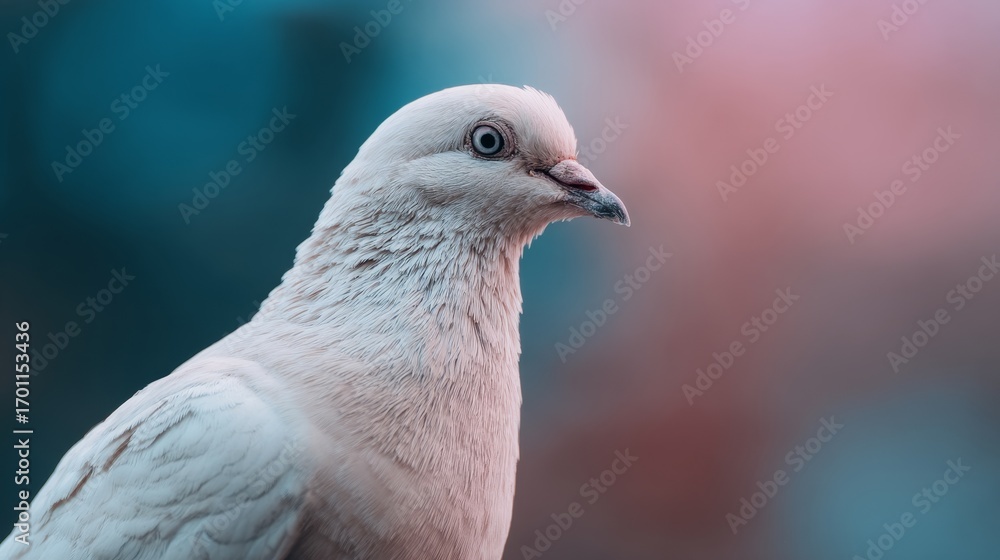 Obraz premium Close-up of grey white pigeon with attentive posture in soft natural light, standing outdoors against a blurred blue and pink background, detailed feathers, calm bird, peaceful urban wildlife scene