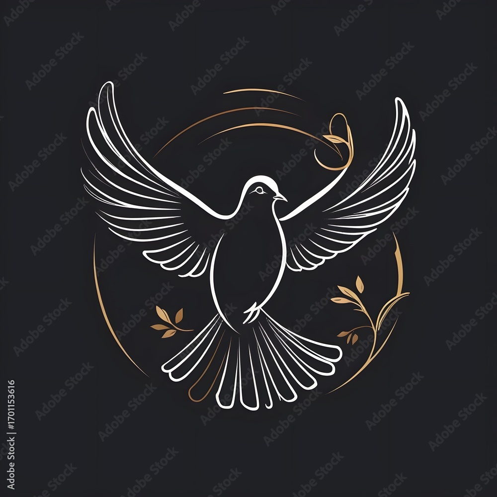 Fototapeta premium Elegant white dove illustration evoking peace and hope with golden decorative elements on black backdrop