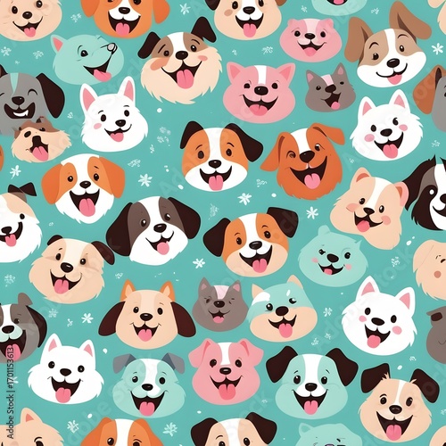 Whimsical puppy faces seamless pattern for adorable wallpaper or joyful pet shop marketing project, happy dogs