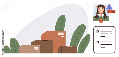 Cardboard packages, a checklist, a fake identity alert with a warning sign. Ideal for fraud detection, e-commerce safety, online security, identity verification, delivery security, consumer