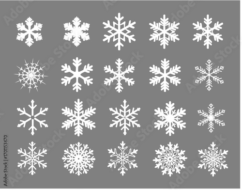 A collection of elegant black and white snowflake vector designs with intricate patterns, perfect for winter decorations, backgrounds, and Christmas projects.