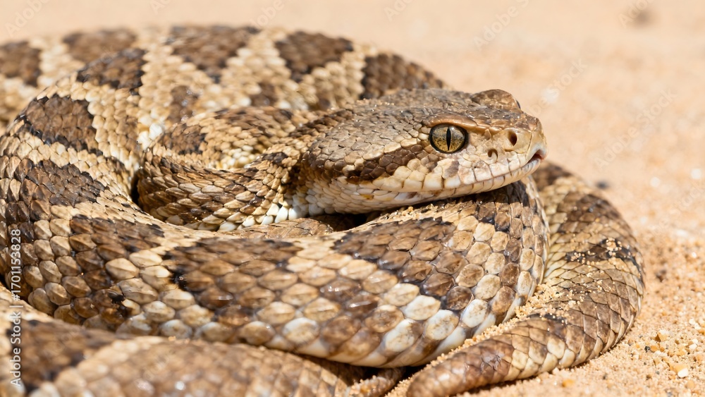 Rattlesnake coiled on sandy ground, ready to strike, good for themes of danger, wildlife, or desert habitats Rattlesnake coiled on sandy ground, ready to strike, good for themes of danger, wildlife, or desert habitats