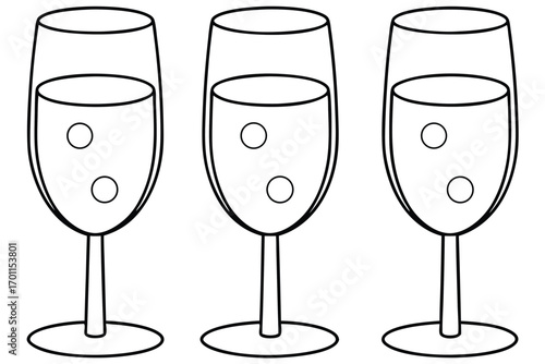 Three champagne flutes with bubbles glasses drink