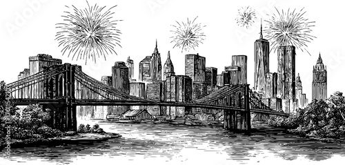 Vintage cityscape illustration with bridge and fireworks for celebratory design