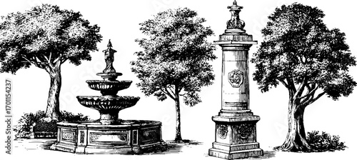 Vintage engraving style illustration of city fountain and monument scene for retro design use
