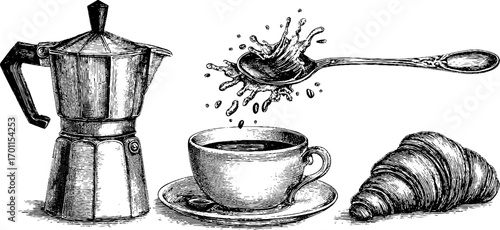 Vintage coffee set with croissant and spoon in engraving style - perfect for cafe decor