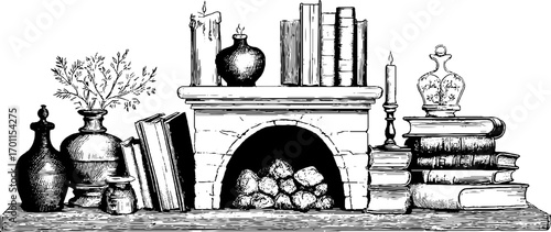 Vintage hand drawn cozy fireplace scene with books and candles illustration