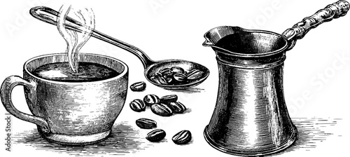 Vintage coffee illustration set featuring cup, pot, and beans for timeless designs