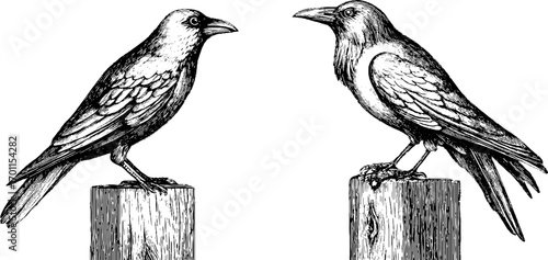 Vintage engraving style illustration set of crows on wooden posts for artistic decor and design