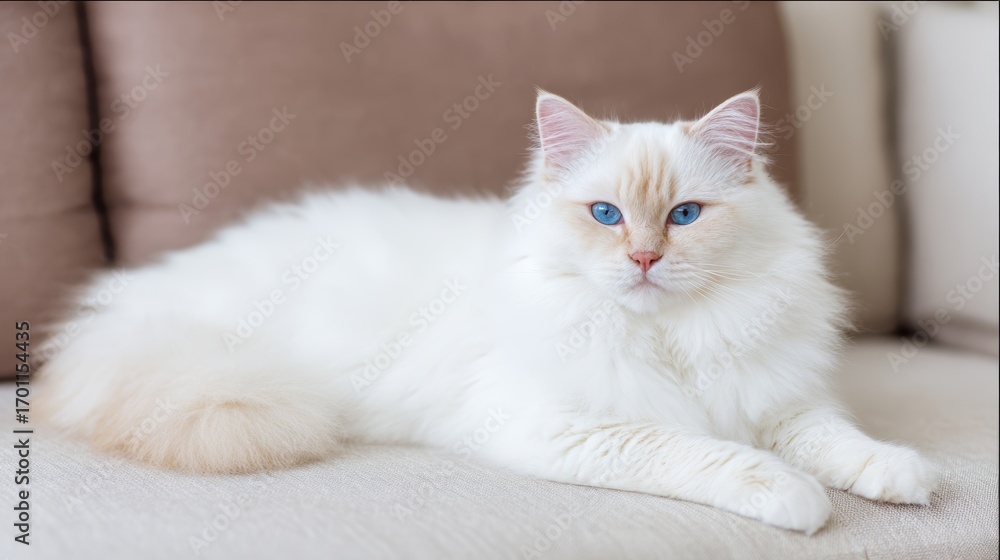 Obraz premium Elegant fluffy ragdoll cat with striking blue eyes and soft white fur relaxing comfortably on indoor sofa, adorable pet concept for animal care, cozy lifestyle and stylish modern home decor design