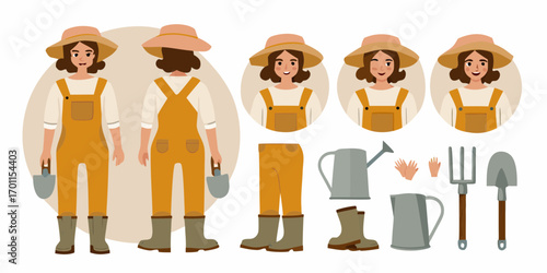 Set of illustrated female farmer character elements with gardening tools and outfits