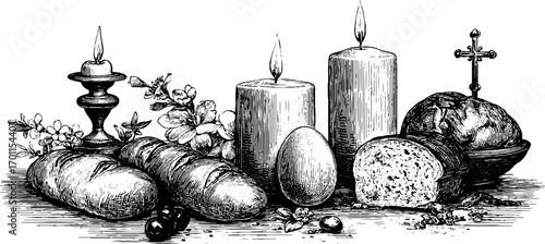 Vintage easter illustration featuring traditional bread, eggs, candles, and blossoms for holiday decoration