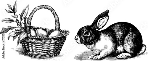 Vintage engraving style easter illustration with rabbit and egg basket for retro design