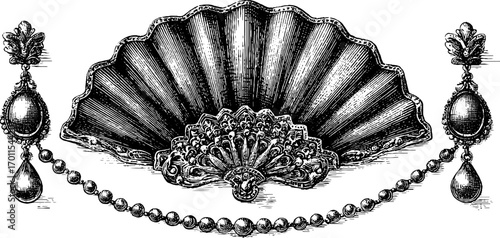 Elegant vintage hand drawn fan with ornate design for retro decor