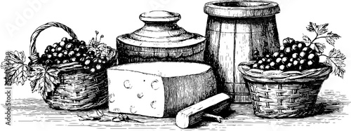 Vintage engraving of farmhouse kitchen scene with cheese and baskets of grapes