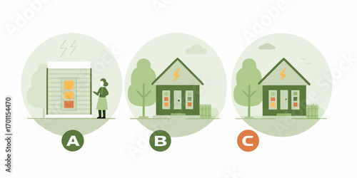 Illustration of three stages of home energy efficiency ratings from a to c with a person and houses