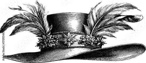 Vintage engraving style feathered hat with floral accents for retro design
