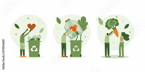 People recycling plastic bottles and composting organic waste to promote a healthy lifestyle and environmental care