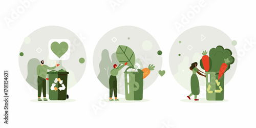 People recycling and composting organic waste and vegetables for a sustainable environment