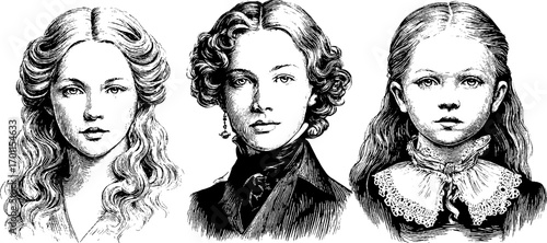 Vintage engraving style illustration set of females - retro silhouette portraits for art and design