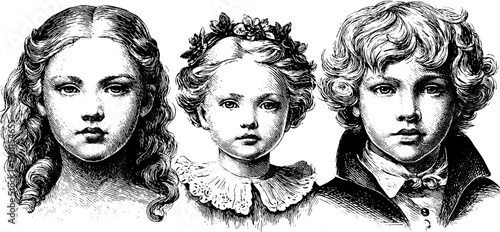 Vintage engraving style illustration set of female and male victorian portraits for design