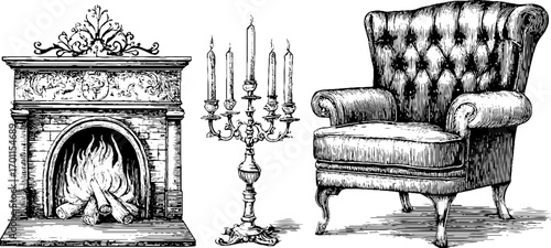 Vintage engraving style set featuring fireplace, candelabra, and armchair for retro interior design