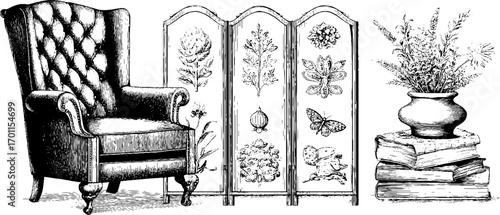 Vintage engraving style illustration of a cozy space with armchair, folding screen, and potted plant
