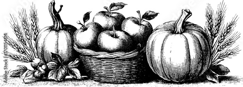 Vintage harvest fruits and vegetables basket illustration for autumn decor