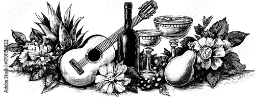 Vintage engraving of garden feast with guitar, wine, and fruits