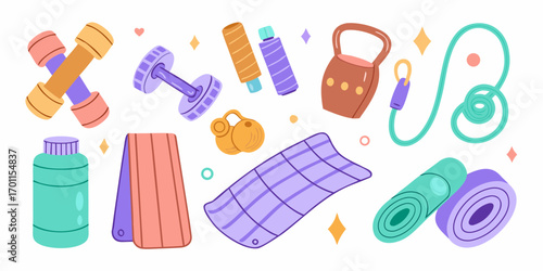 Collection of cute and colorful fitness equipment and accessories for a healthy lifestyle