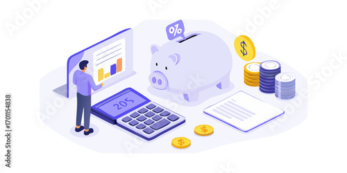 Man analyzing financial chart with piggy bank calculator coins and documents for saving and investment concept