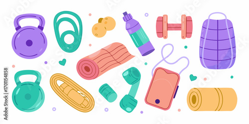 Collection of colorful cartoon fitness equipment and accessories for a healthy lifestyle