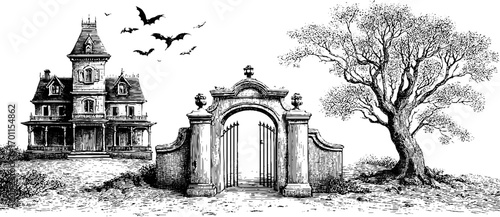 Vintage haunted house scene with bats and gothic gate - engraving style design for halloween decor