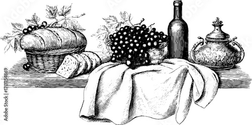 Vintage engraving style illustration of harvest feast with bread, grapes, and wine