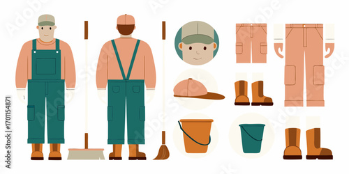 Flat design illustration of a janitor character and cleaning supplies with front and back views