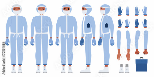 Set of medical personnel in protective suits with various body parts and accessories for animation