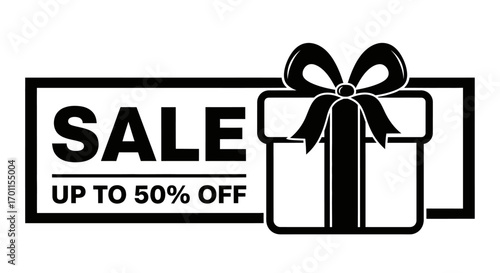 A graphic illustration showing a sale sign with a gift box, promoting discounts.