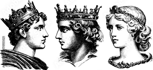 Vintage engraving style illustration set of king and queen portraits for classic design