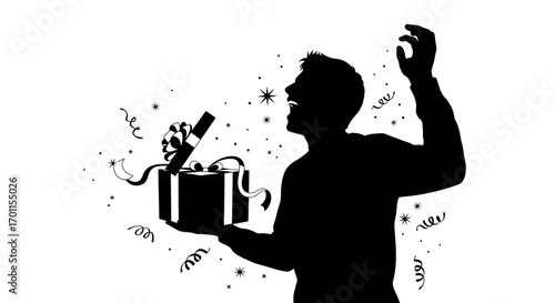 Silhouette of a man joyfully opening a gift box, celebrating a surprise.
