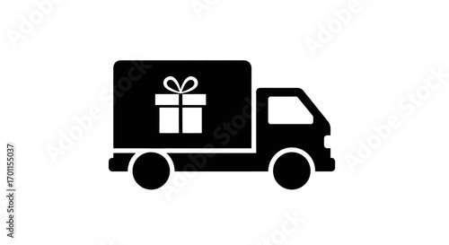 Black and white illustration of a delivery truck carrying a gift box.