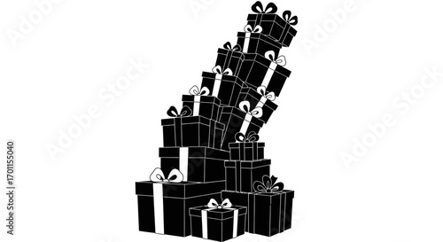 A precarious tower of elegantly wrapped black gifts, ribbons adding a touch of festive charm.