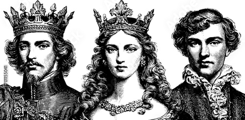 Vintage engraving style illustration set of kings and queen silhouettes for design
