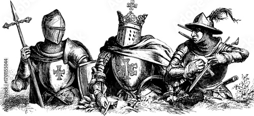 Medieval knights ensemble in vintage engraving style illustration for historical design